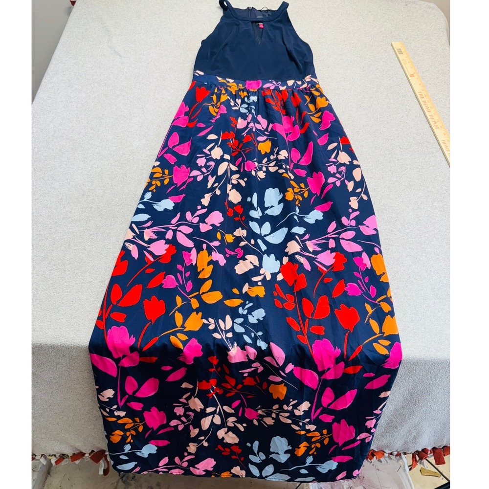 Vince Camuto Maxi Dress Womens 8 Navy Blue Floral Halter Neck Keyhole Summer